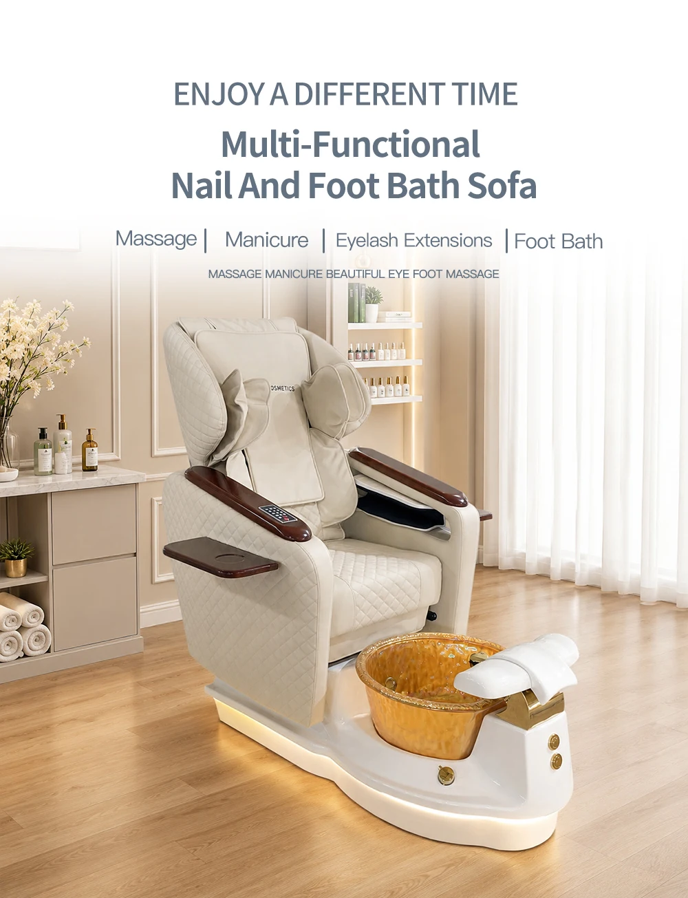 Massage-Pediküre-Spa-Stuhl mit Fußwanne, Holzarmlehne, verstellbarer Maniküre-Fußpflege-Liege, LED-Lichtbasis, Salon-Nagelstudio-Ausstattung – Detail 3