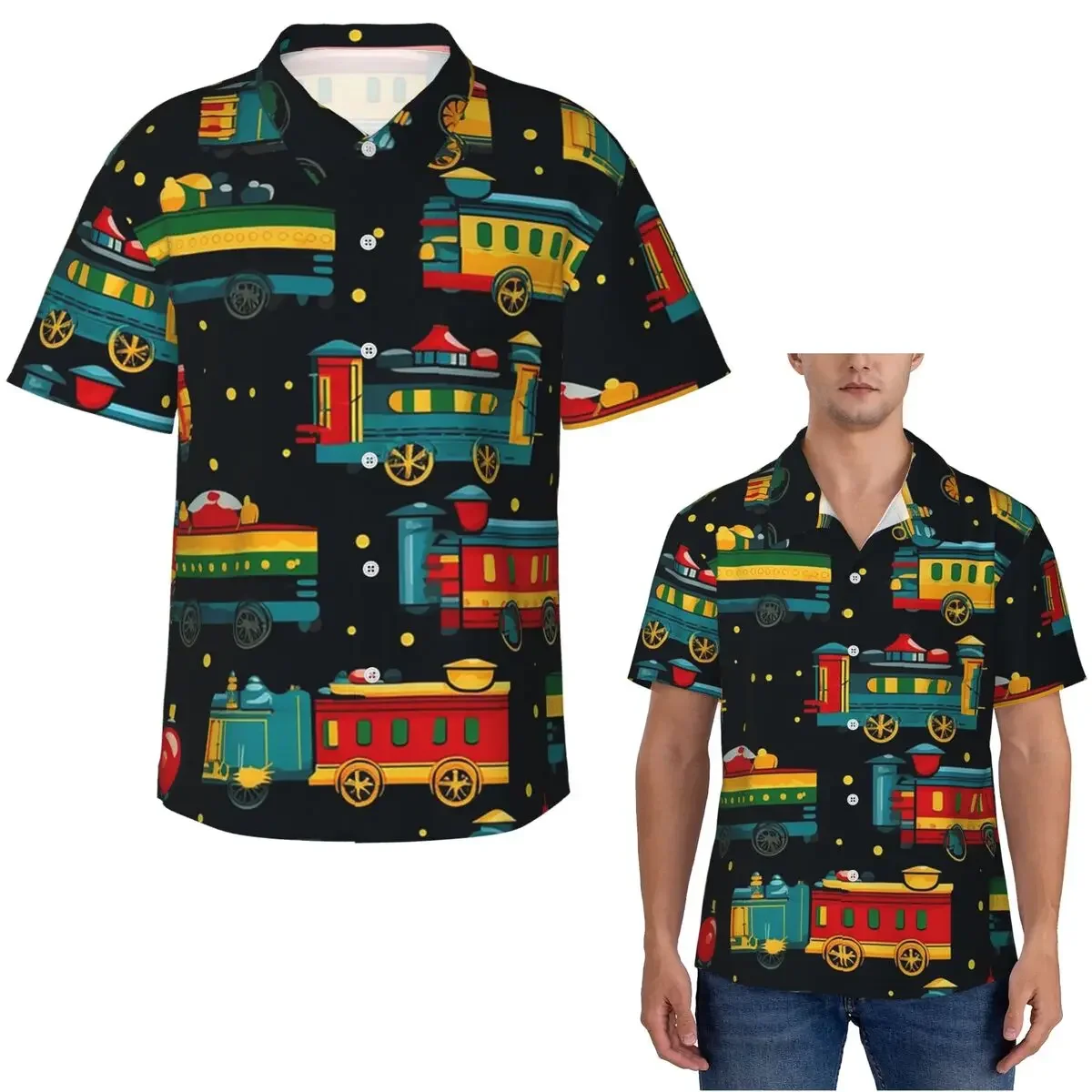 Cartoon Train Models Display Design Hawaiian Shirts Fashion Men Short Sleeve Shirt for Summer Beach Men's Button Tops
