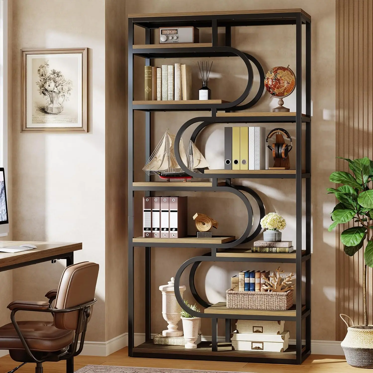 

5-Tier Industrial Bookshelf, 71-inch Tall Etagere Bookcase with Heavy-Duty Metal Frame, Freestanding Bookshelves Display