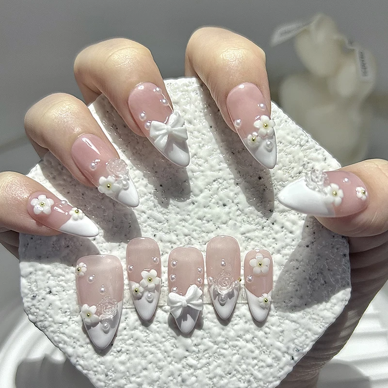 Spring Summer Nude White Small Flowers Handmade Press On Nails Pearl Bow Design White French Almond Art Fake Nails