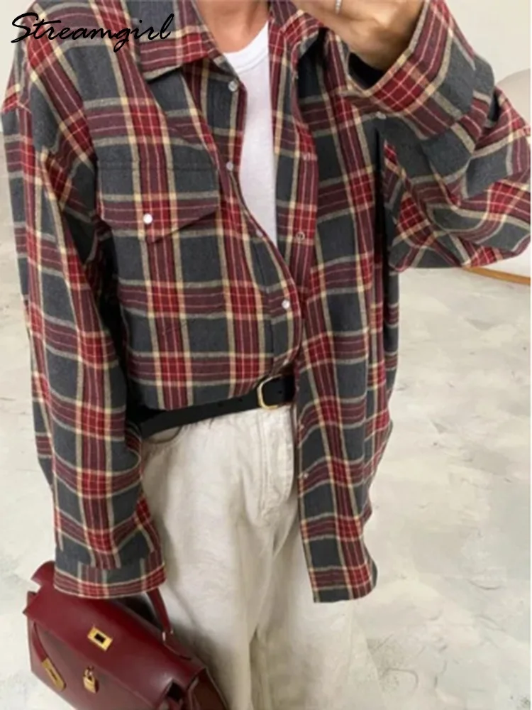 Streamgirl Oversized Plaid Shirt Women Long Tops Vintage Loose Blouses Ladies Casual Shirts Plaid Tops For Women Spring 2025