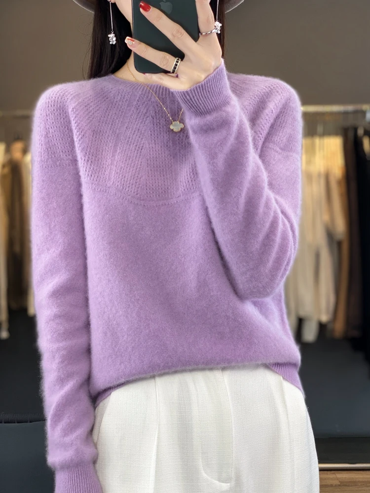 Pulôver oco de cashmere para mulheres, 100% lã merino, malha com gola O, manga raglan, suéteres quentes casuais femininos, outono e inverno