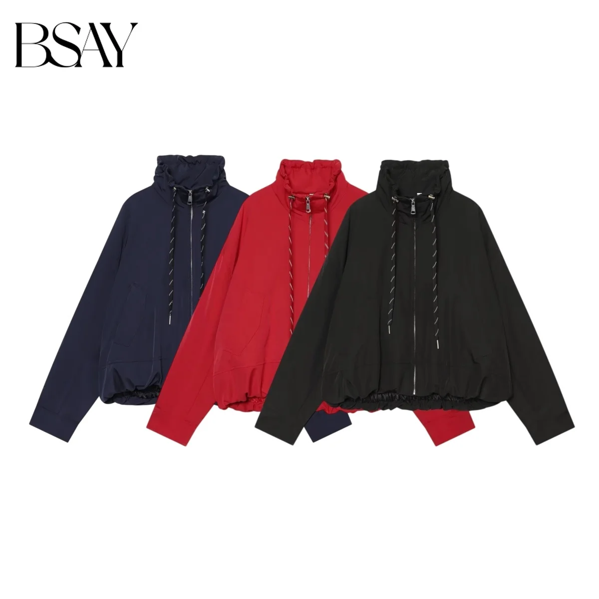 BSAY 2026 Autumn Minimalist Women High Neck Zip Up Jacket Ruffle Collar Drawstring Hem Long Sleeve Loose Solid Daily Outerwear