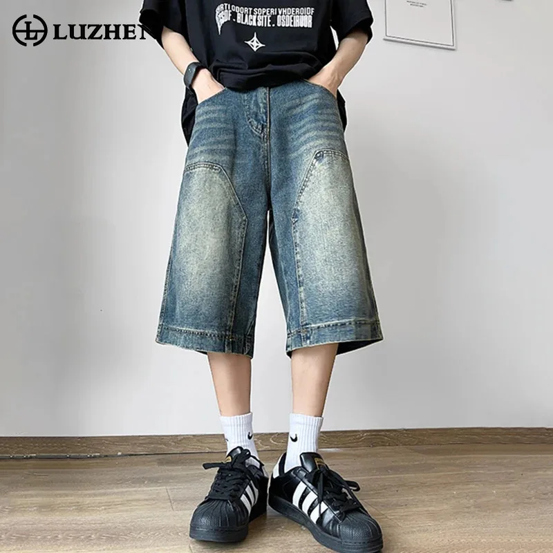 

LUZHEN Splicing Design Washed Denim Five Point Pants Original Trendy Men Street Straight Shorts Retro Casual Summer New LZ4797