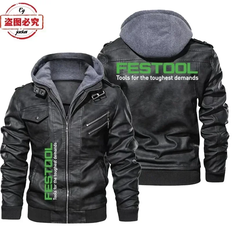 Festool Logo Printed Workwear Retro Washed PU Leather Jacket Windproof Men's Hooded Jacket Team Uniform European Sizes