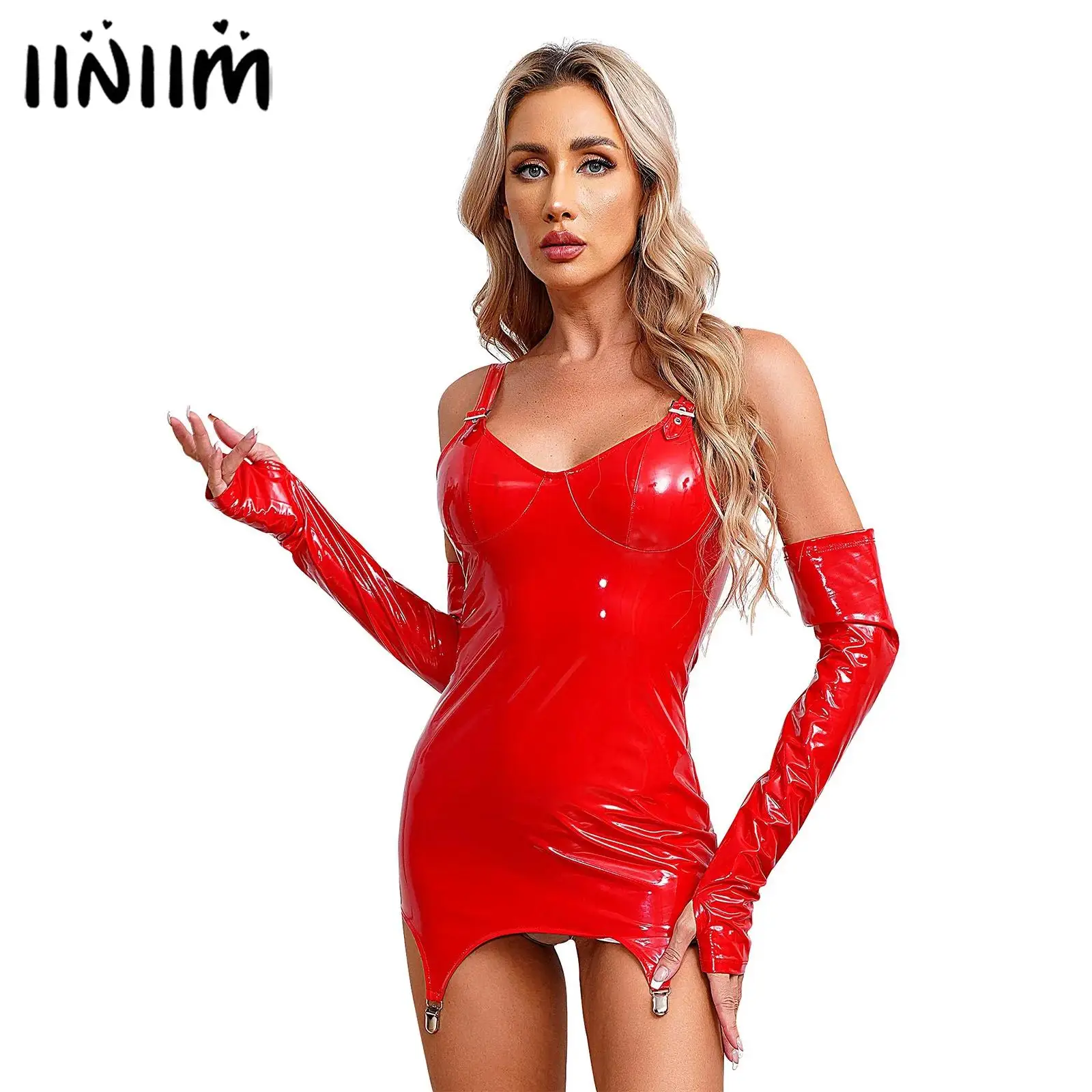 

Womens Bodycon Mini Dress with Metal Garter Clips Adjustable Straps Back Zipper Dress Glossy Patent Leather Clubwear Costume