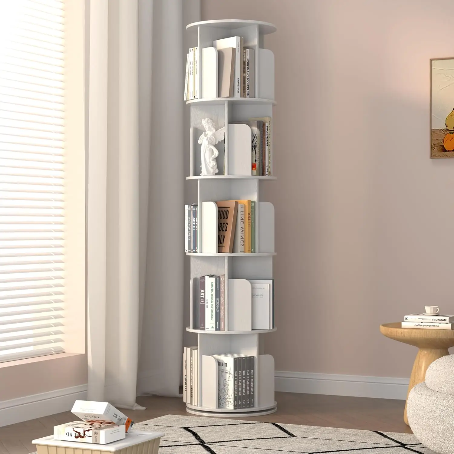5-Tier Rotating Wooden Bookshelf 360° Revolving Tower Adjustable Shelves Kids Corner Office Small Space 66.54