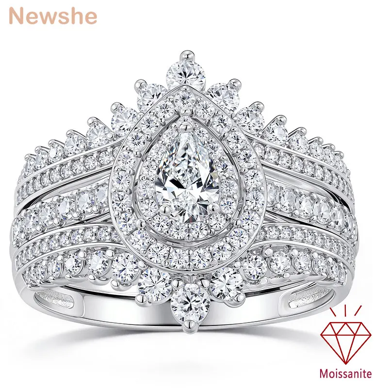 Newshe Full Moissanite Halo Pear Engagement Ring Bridal Set for Women Enhancer Wedding Band Wraps White Gold Plated Jewelry
