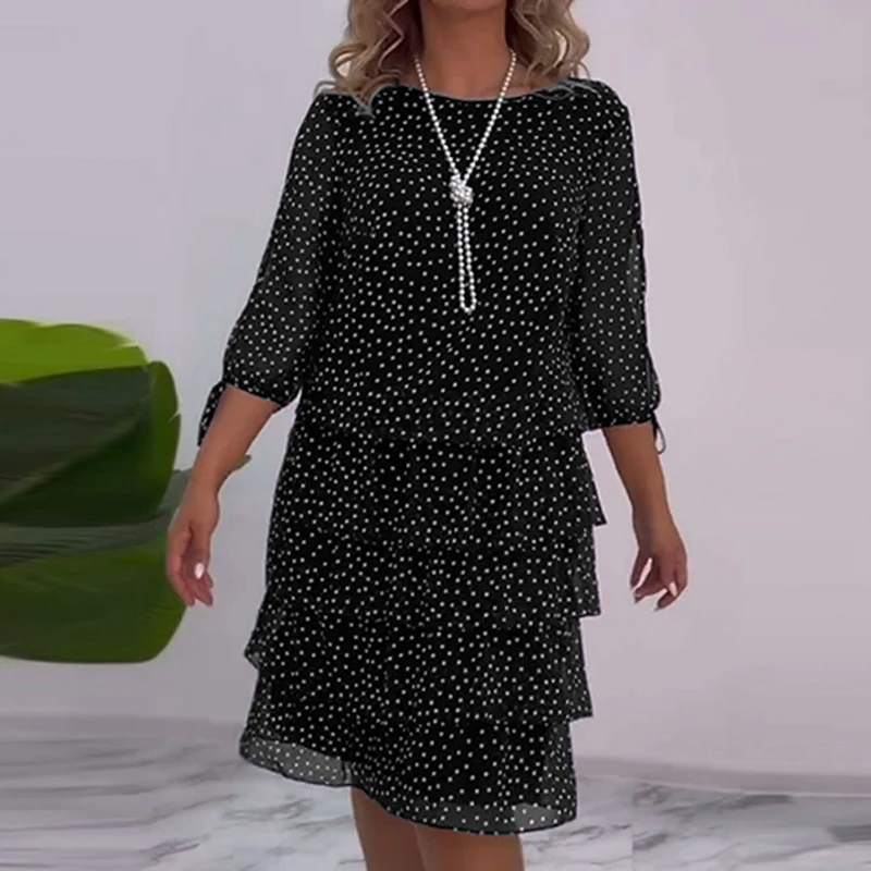 Elegant O-neck Polka Dot Slim Office Dress Women Casual 3/4 Sleeve Stitching Ruffles Party Dress Autumn Chic Waisted Mini Dress