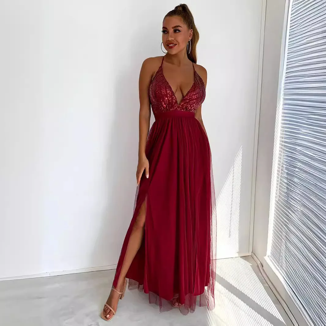Sexy dos nu Slip paillettes Corset Maxi robe d'été femmes maille longue moulante rouge robe de fête de noël robes de soirée de demoiselle d'honneur