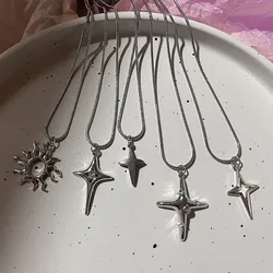 Vintage Silver Color Star Pendant Necklace For Women Men Goth Punk Aesthetic Chain Korean Fashion Party Gift