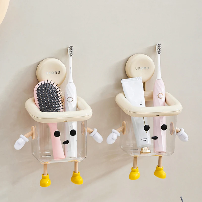 1 Pcs Toothbrush Holder Wall-Mounted Perforation-Free Suction Cup Bathroom Multi-Functional Plastic Transparent Storage Box