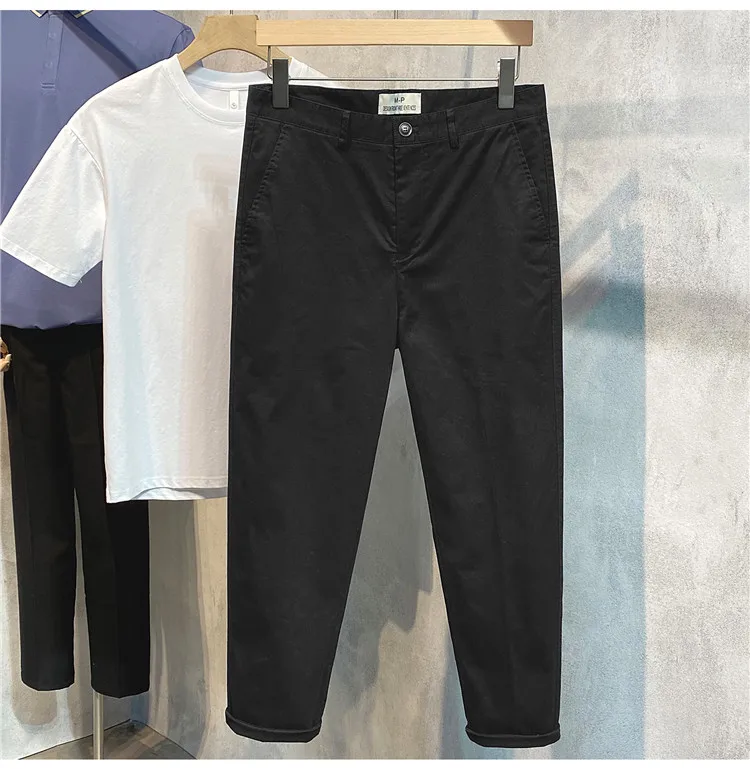 بنطال كاجوال مريح من القطن الخالص مضاد للتجاعيد بقصة ضيقة للرجال للربيع والصيف، سروال غرب طويل مستقيم الساق قابل للتجاعيد