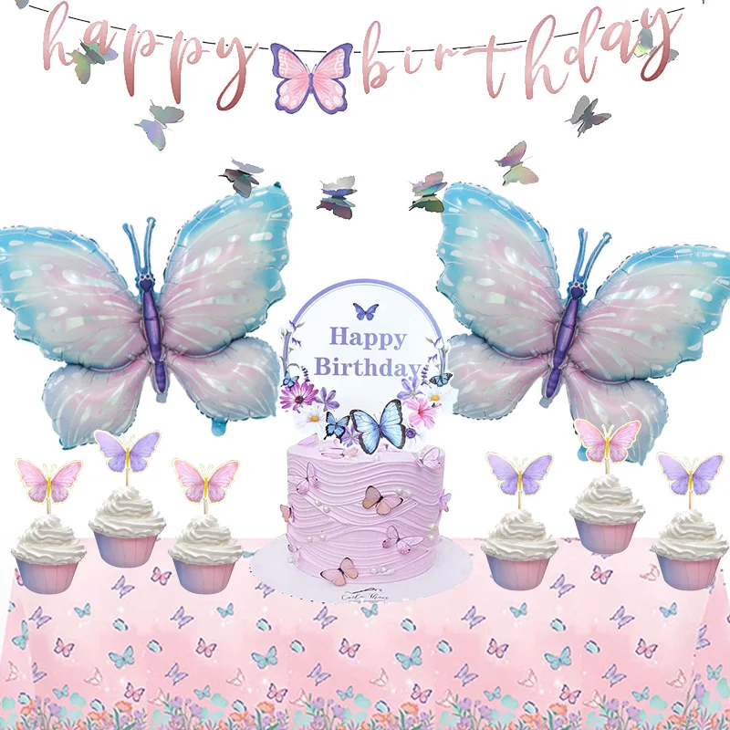 Decoraciones de mariposa para fiesta de cumpleaños, pancartas, adornos para cupcakes, adornos para pasteles, globos, mantel, suministros para fiestas de hadas de Baby Shower