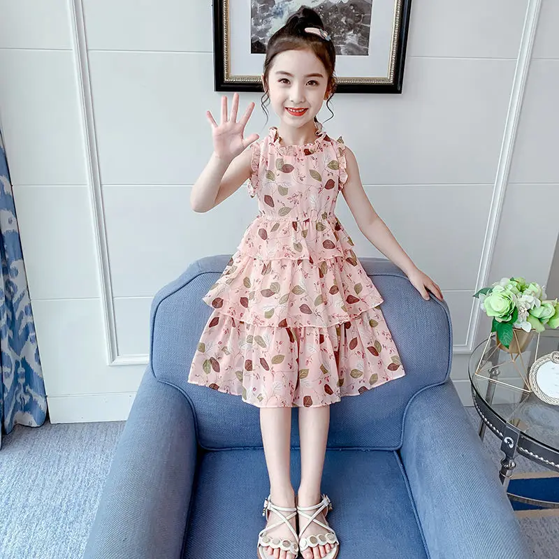 2023 Summer teens Girls Dress Clothes New off shoulder Children floral Pleated lace Kids Wedding mesh leaf 8 9 10 11 12 Years