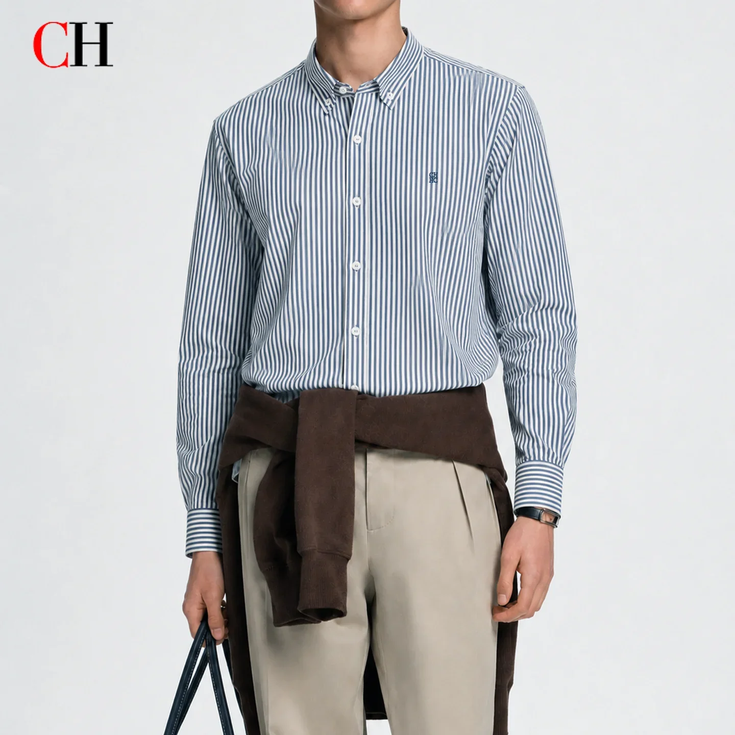 CH Mens Button Collar Thin Blue White Vertical Stripe Tone Embroidery Curved Hem Long Sleeve Shirt Office Daily Top