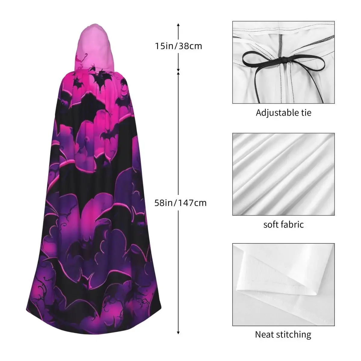 Custom Halloween Bats Long Hooded Cloak Witch Medieval Costume Cosplay Cape HalloweenParty Adult Unisex view 3
