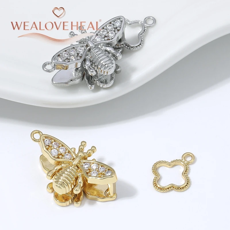 armband verschluss, 1/2 Stück 18K vergoldeter Messing-Bienenverschluss, Micro-Pavé-CZ-Honigbienen-Druckverschluss mit Kleeblatt-Endstück für Perlenarbeiten DIY Schmuckzubehör – Detail 18