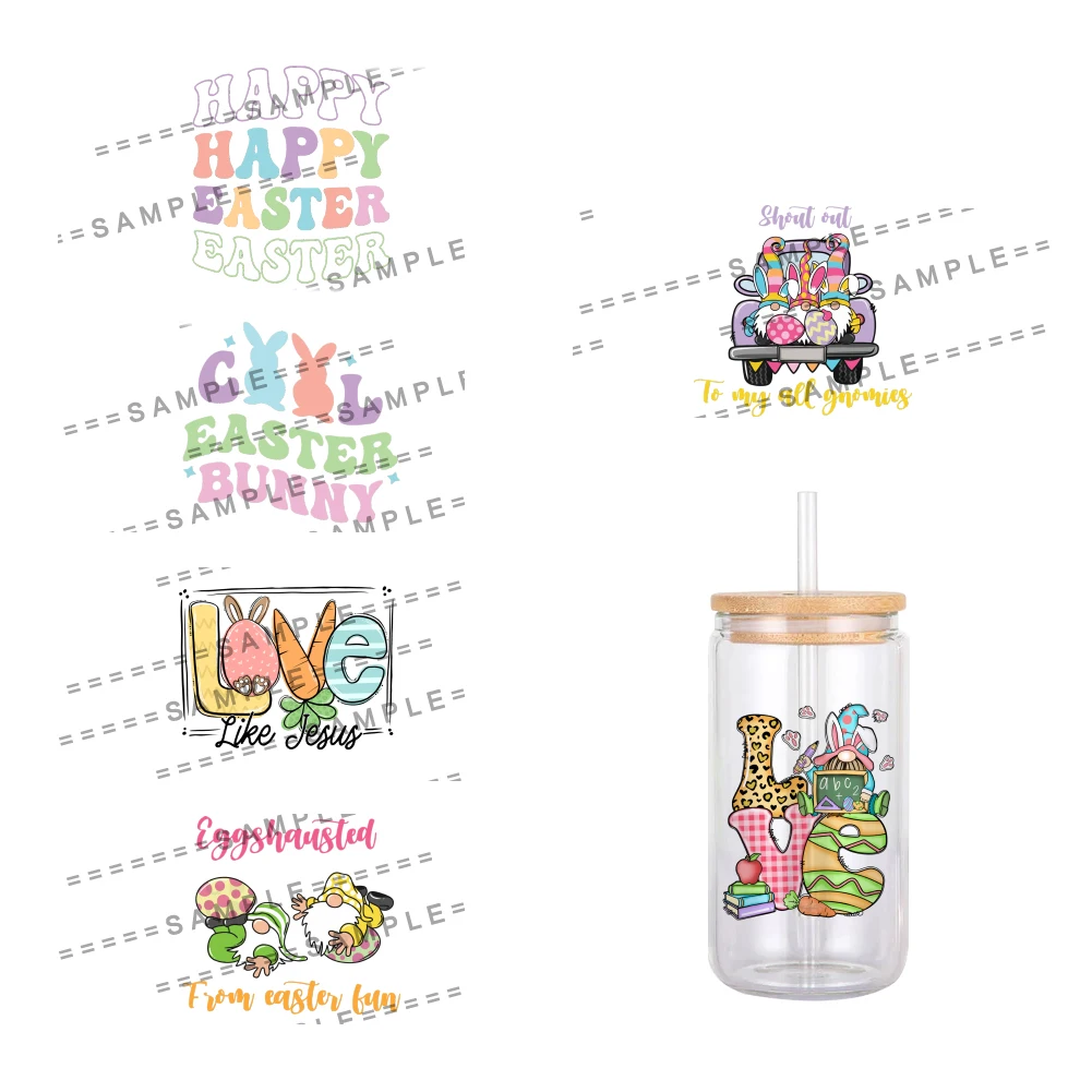 11x12cm Happy Easter Day Colorful Rabbit Pattern UV DTF Waterproof Transfers Decals For 16oz Glass Cup Wrap Stickers