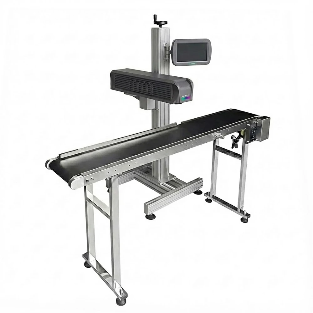 Galvo Co2 cutting machine Co2 fiber marking machine with conveyor belt for high speed valid period batch codin