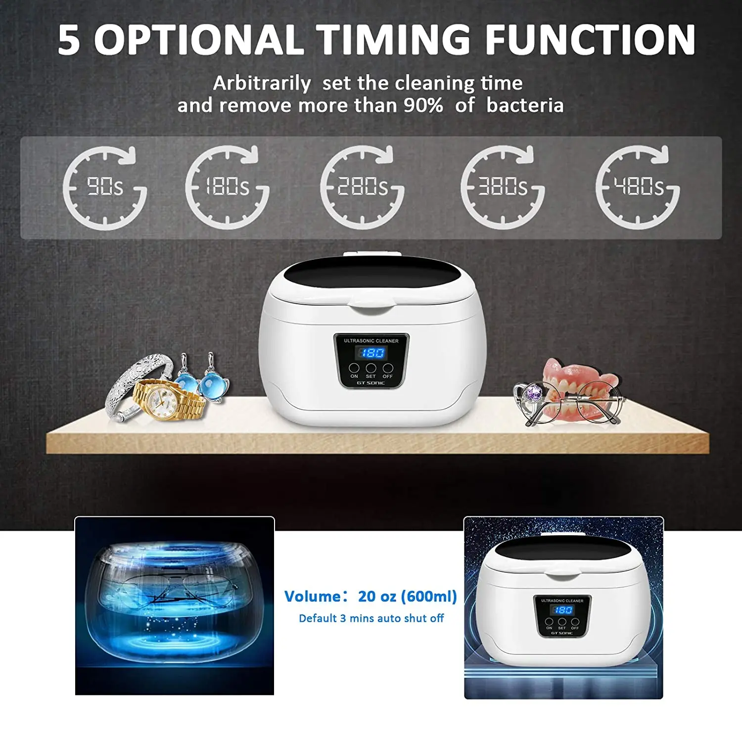 600ml 35W Household Ultrasonic Cleaner Bath Jewelry Ultrasonic Cleaning Machine Wash Denture Jewelry Watch 220V-240V EU Plug