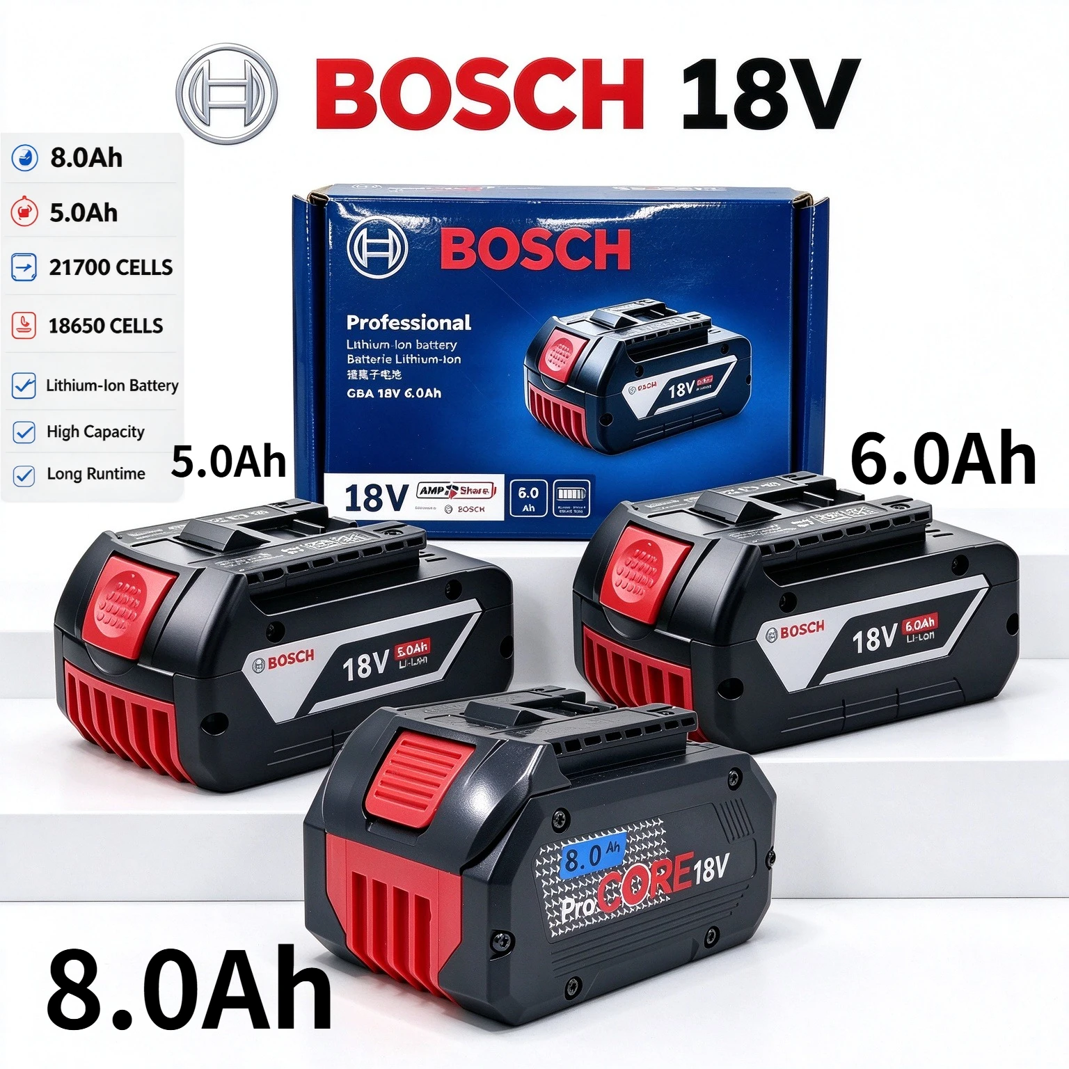 BOSCH 18V 6.0Ah 8.0Ah Lithium Battery BAT620 BAT622 Fit Bosch 18V All Cordless Tools High Power Stable Discharge Fast Charging