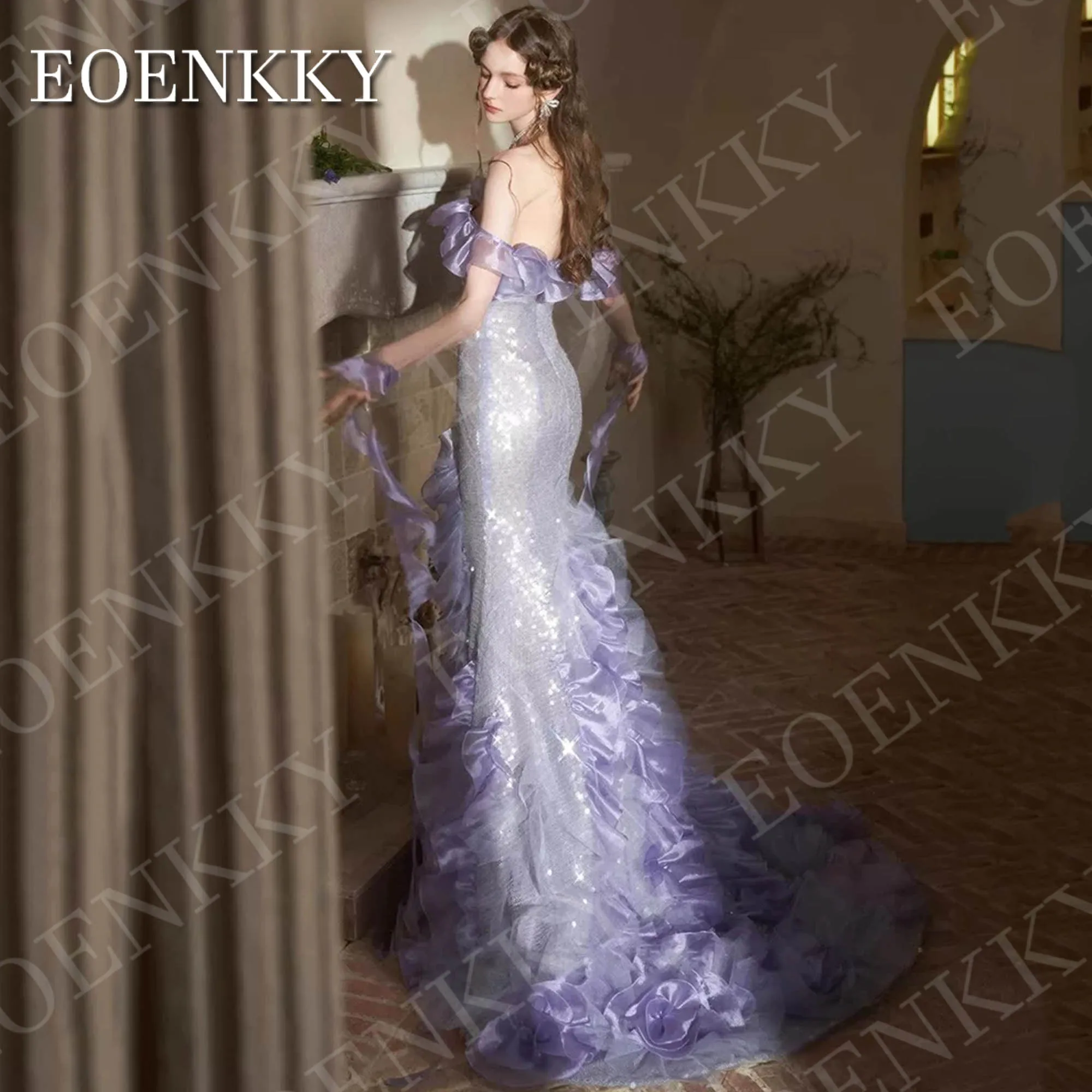 فساتين سهرة لامعة من EOENKKY فستان رائع للحفلات الراقصة ترتر أرجواني مكشوف الأكتاف وكشكشة حورية البحر فستان حفلات مخصص من فساتين المساء المتلمعة فستان حفل حفل رائع باكين اللون البنفسجي قبالة الكتف الرافعات حورة البحر ف