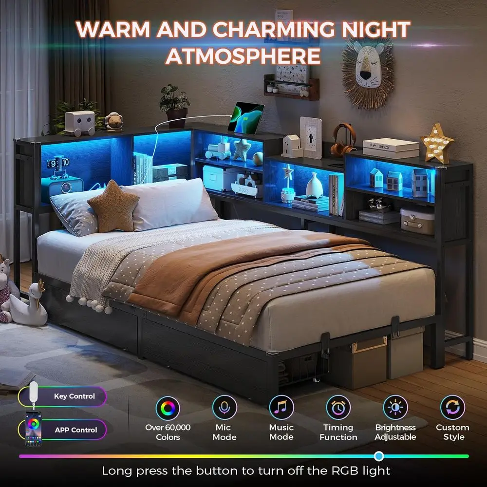 DICTAC Twin XL Bed e with Bookcase Storage and Led Lights Metal Platorm Bed e with 2 Ders & Charging Station Twin XL Daybed or K view 4