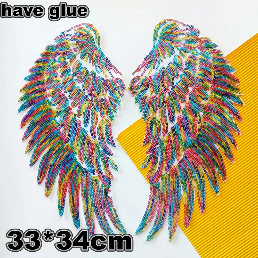 1 pair embroidery sequined angel wing patch,sequins wings rainbow badge,patches for jackets,sequin applique PW2111171