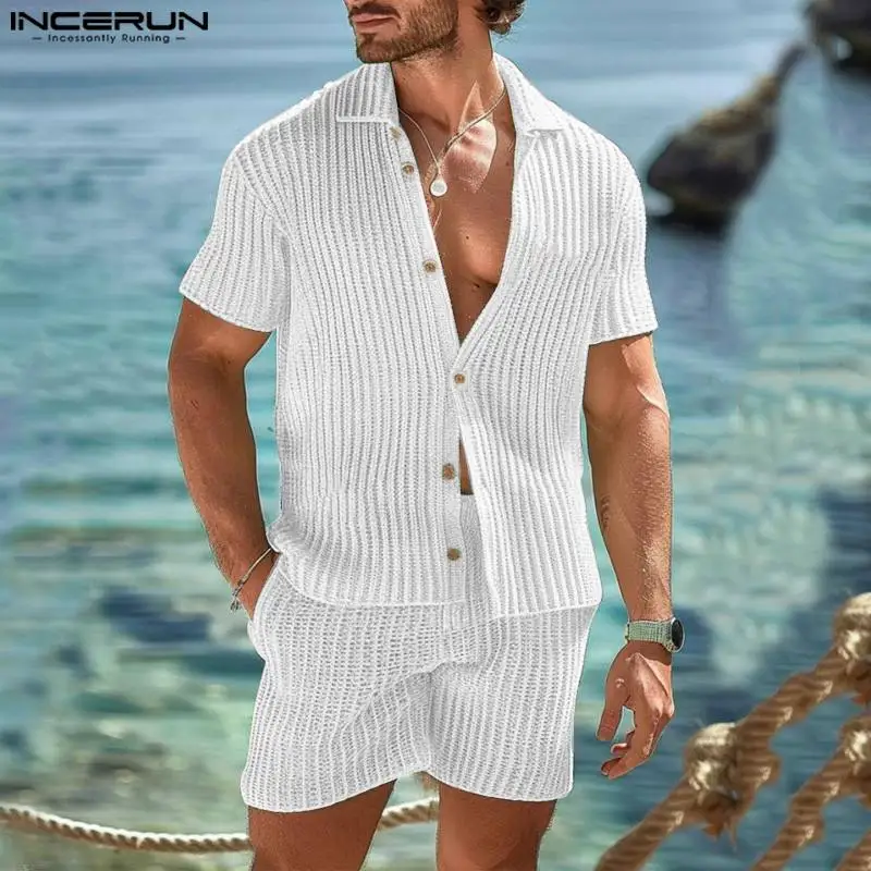 INCERUN Men Sets Patchwork Transparent Lapel Short Sleeve Shirt & Shorts Two Pieces Sets Streetwear Summer 2024 Men Casual Suits