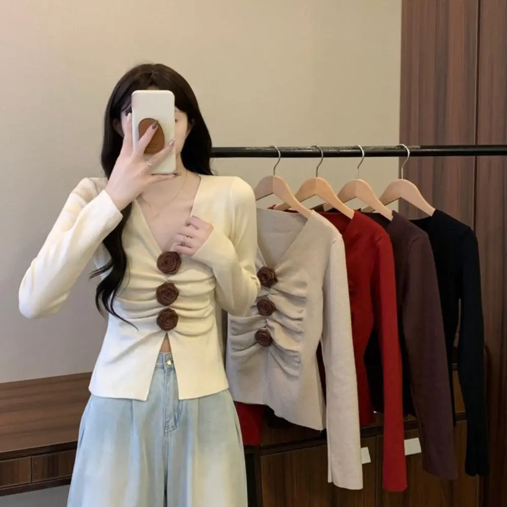 

Creative Pleated Long Sleeved Knitwear Bottoming Shirt Pullover 3D Rose Flower Top Slim Fit Sweet Knitted Top for Women Women