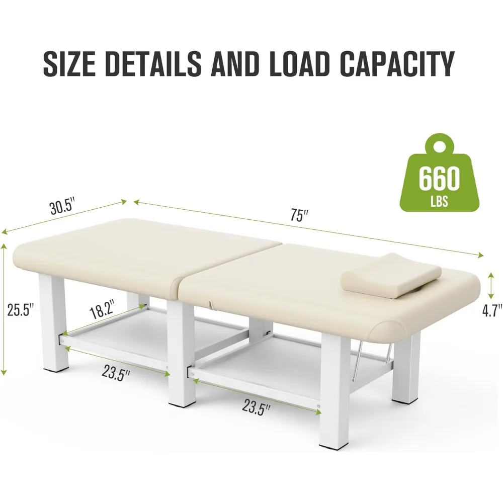 طاولة تدليك ثابتة قابلة للطي بعرض 30.5 بوصة × 75 بوصة مع مسند ظهر ومساحة تخزين لطاولة العلاج