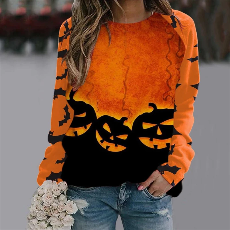 Halloween Women's Long Sleeve T Shirt Pumpkin Head 3D Pattern Shirts Fall Fashion Tops Harajuku Pullover Y2k Clothing