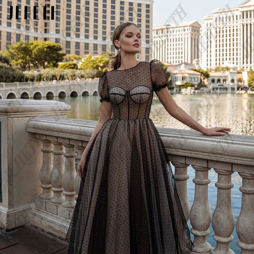 JEHETH O Neck Tulle Pastrol Prom Dress Polka Dot Mide A line Black Homecoming Party Gown Short Sleeve Prom Gowns Customized
