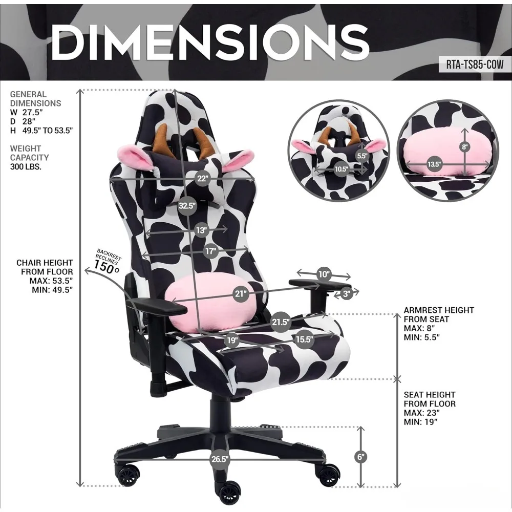 Gaming Chair, Black White Fabric & Metal Construction, 150° Back Recline Nylon Upholstery Supports Up To 300 Lbs, Gamer Chair