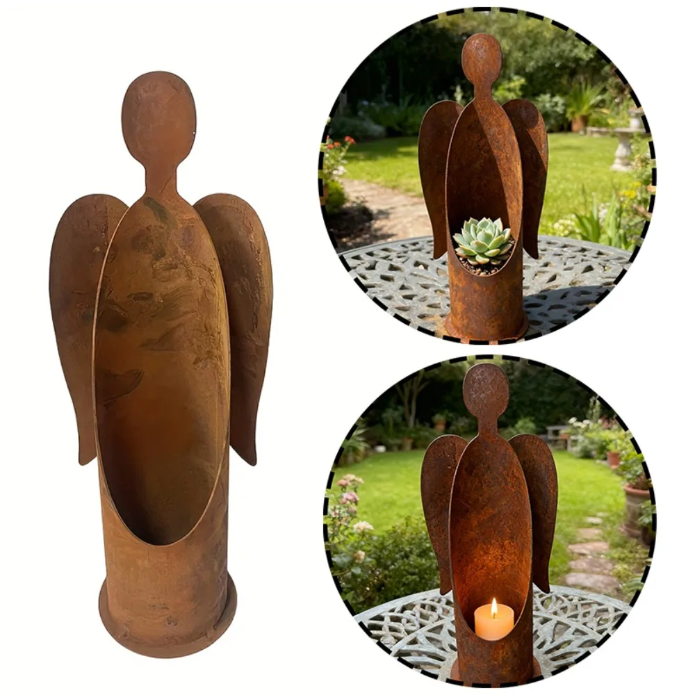 

Metal Rusty Angel Candle Holder Antique Bronze Christmas Angel Rustic Statue Decor Candle Holder Lantern Flowerpot Xmas Decor