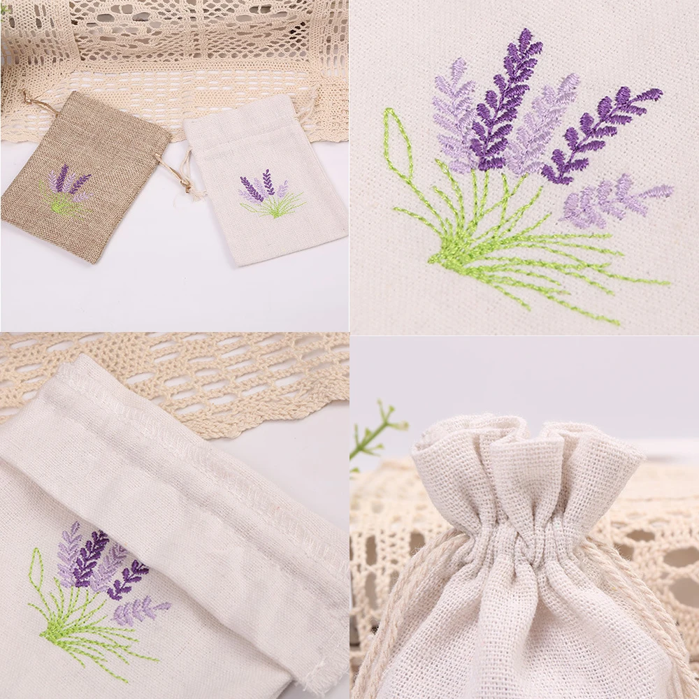 Bolsas de lavanda bordadas para aromaterapia, bolsas de Aroma de flores secas, bolsas de algodón para semillas de yute, logotipo impreso, 10 unidades