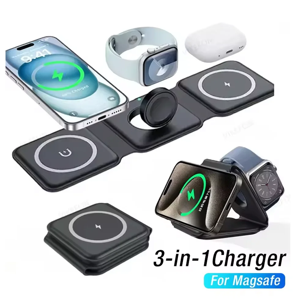 3 in 1 Magnetic Wireless Charger Pad for iPhone 17 16 15-12 Pro Max Apple Watch 9 8 AirPods Chargers Fast Charging Dock Station