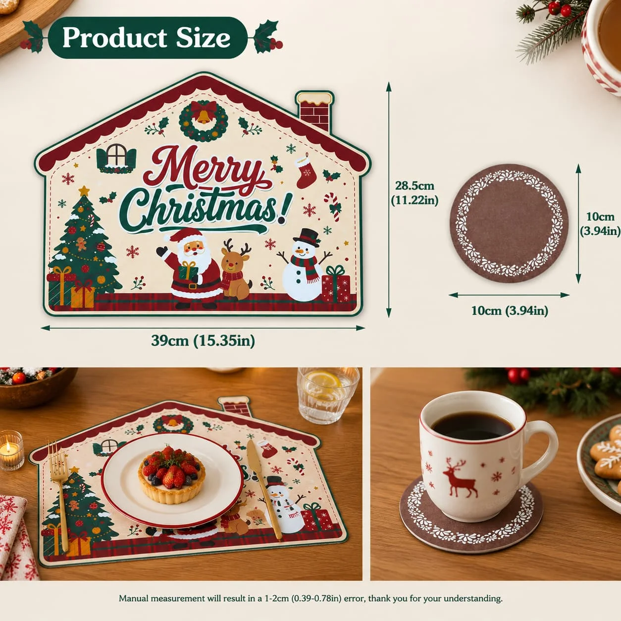 16/24pcs Christmas house modeling paper placemats coasters, holiday shaped dining table decorative mats, Christmas parties.
