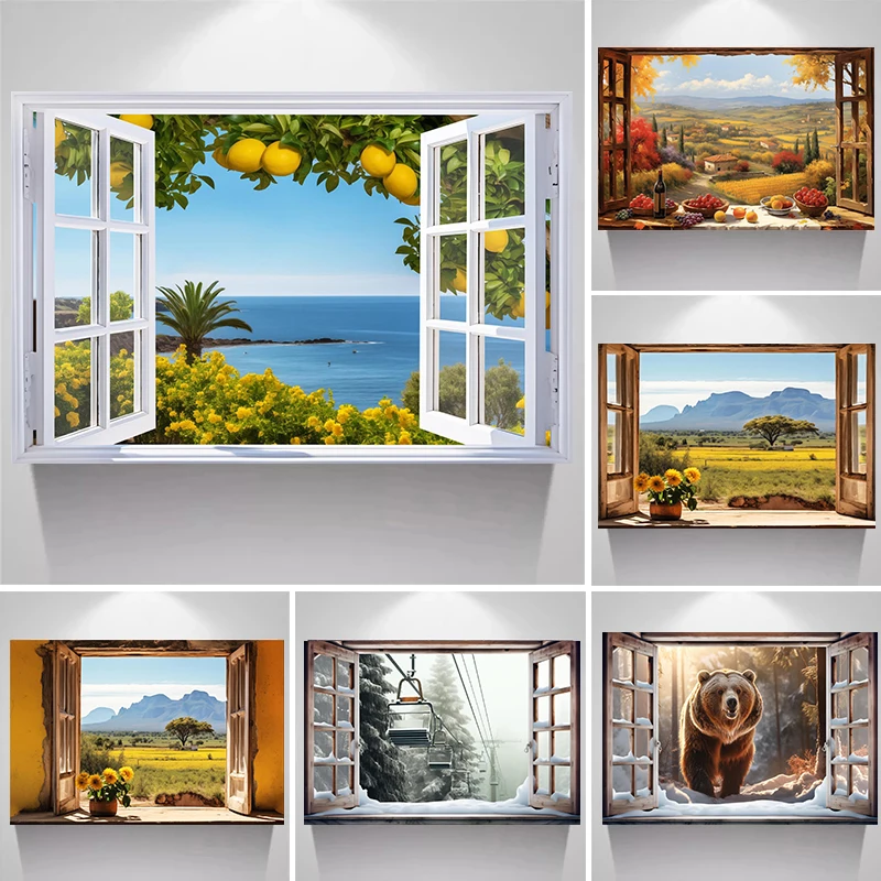 Open Window View Bear Lemons Tree Sea Tuscany Mountains Meadow Canvas Painting Print Landscape Rustic Poster Wall Art Home Decor