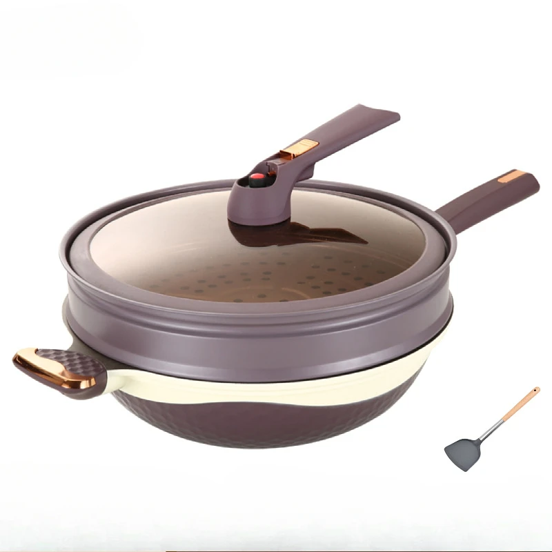 Household micro pressure titanium non stick pot Stove universal flat bottomed pan Purple white dual color