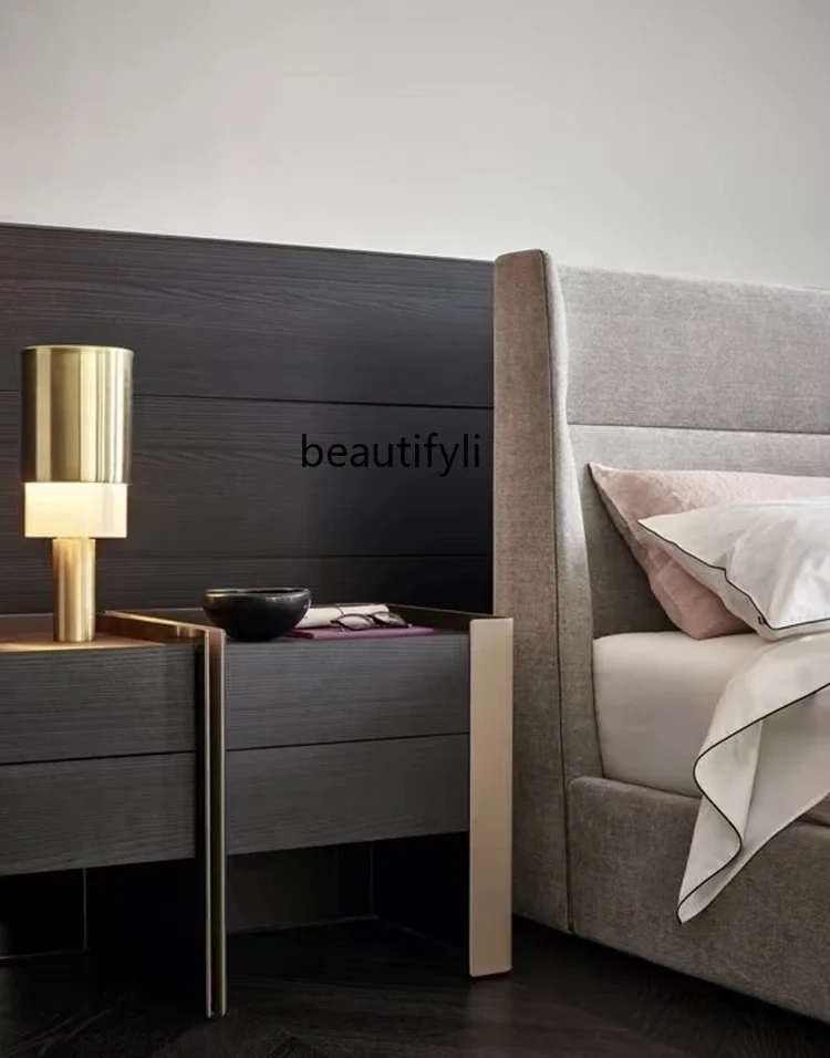 

zxqItalian Minimalist Saddle Leather Bedside Table Solid Wood Simplicity Bedroom Designer Model Bedside Cabinet