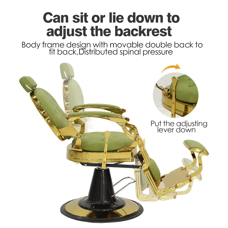 Luxury Barber Shop Furniture Green Gold Salon Barber Styling Chair Heavy Duty Swivel Tufted Round Base Barber Chair