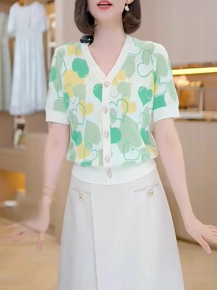 

Ele Romantic Color Blo Print ort Sve Вязаный открытый кардиган из ледяного шелка Женский топ в Корейском стиле с пуговицами стандартного кроя...