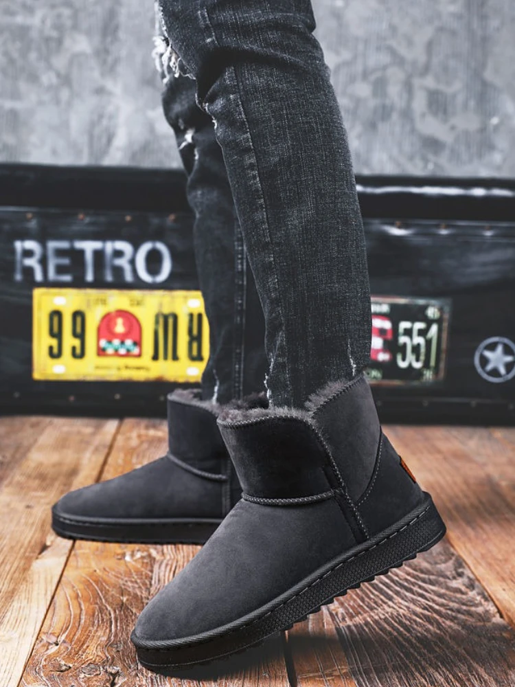 

Men's Winter Thickened Fleece Lined Snow Boots Couple Anti Slip Cold Proof Height Increasing Short Boot Vintage Cotton Padded