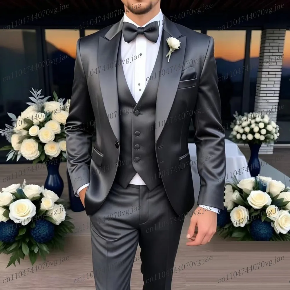 

New Grey Acetate Satin Men Suit Formal Wedding Party Groom Groomsman Male Tuxedos 3 Piece Set Jacket Vest Pants