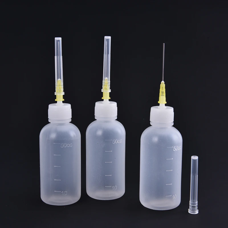 Flacone erogatore di aghi in polietilene trasparente da 3 pezzi da 50ml per pasta di flusso per saldatura di colofonia + 3 strumenti per aghi