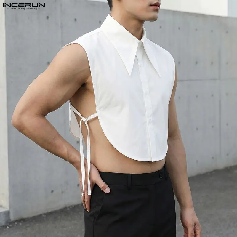 INCERUN Men's Shirt Solid Color Lapel Sleeveless Hollow Out Men Clothes Lace Up 2026 Fashion Irregular Shirts Crop Tops For Man