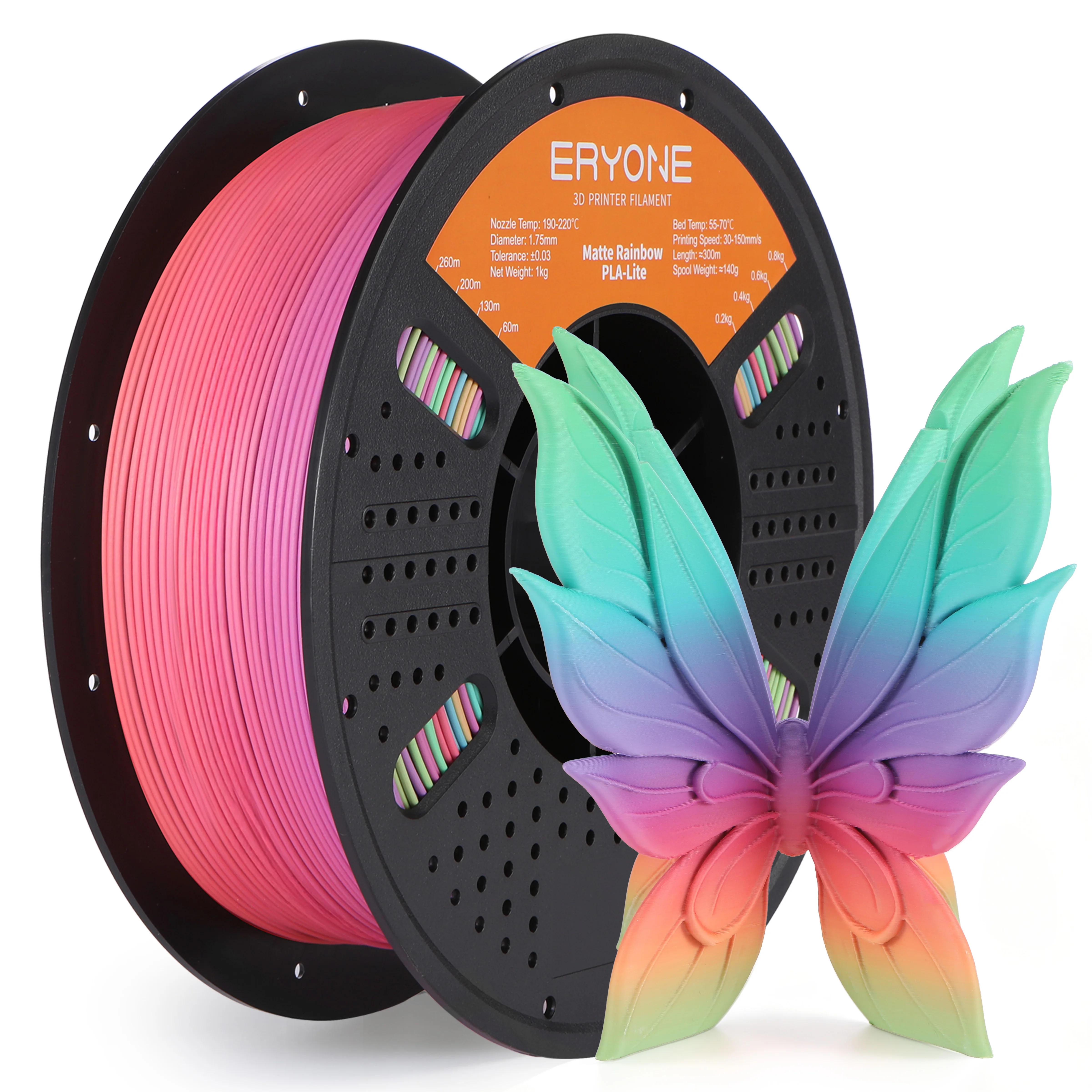 ERYONE 1KG PLA Lite Regenbogen 3D-Drucker-Filament, Farbwechsel-Filament 1,75mm, Mehrfarbiger Farbverlauf 1KG Spule Passend für die Meisten FDM-Drucker