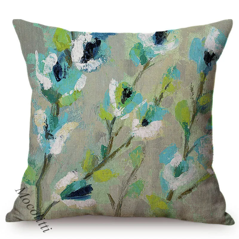 Spring Decoration Blue Flower Blue Birch Cherry Dogwood Blossoms Branch Oil Painting Design Cushion Cover Sofa Throw Pillow Case